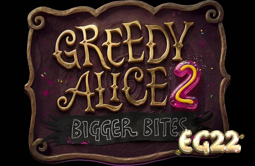 Tampilan permainan slot Greedy Alice 2: Bigger Bites yang menampilkan Alice dalam suasana steampunk gelap dengan roda gigi dan jam.